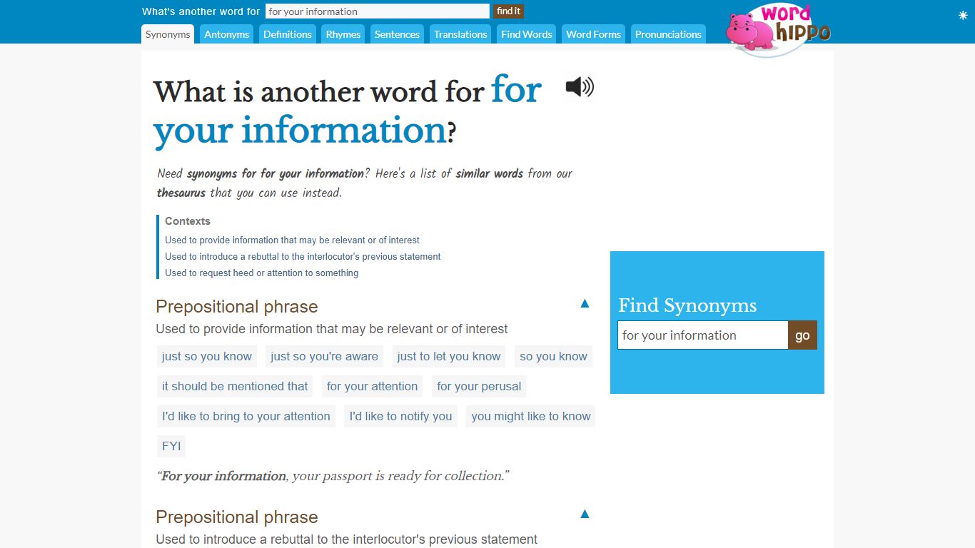 What is another word for for your information - WordHippo