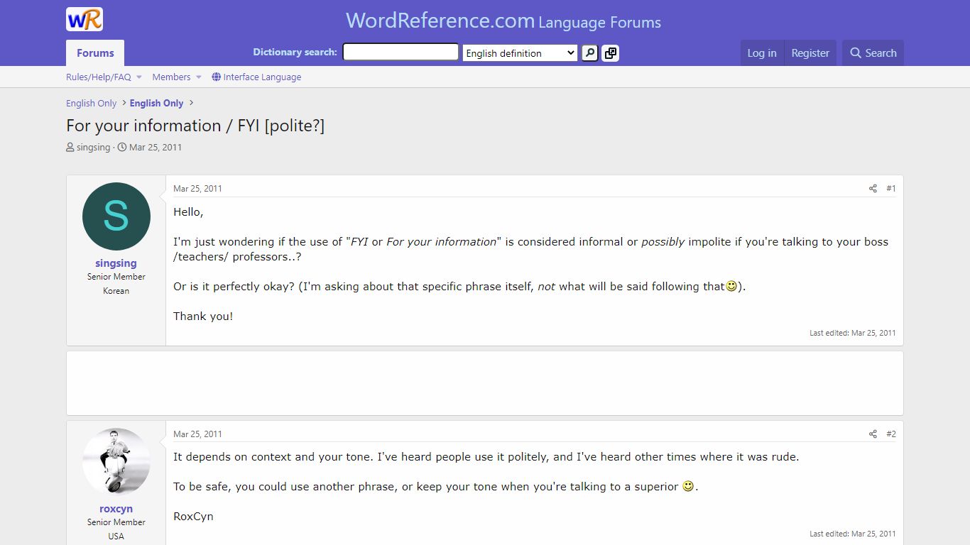 For your information / FYI [polite?] - WordReference Forums